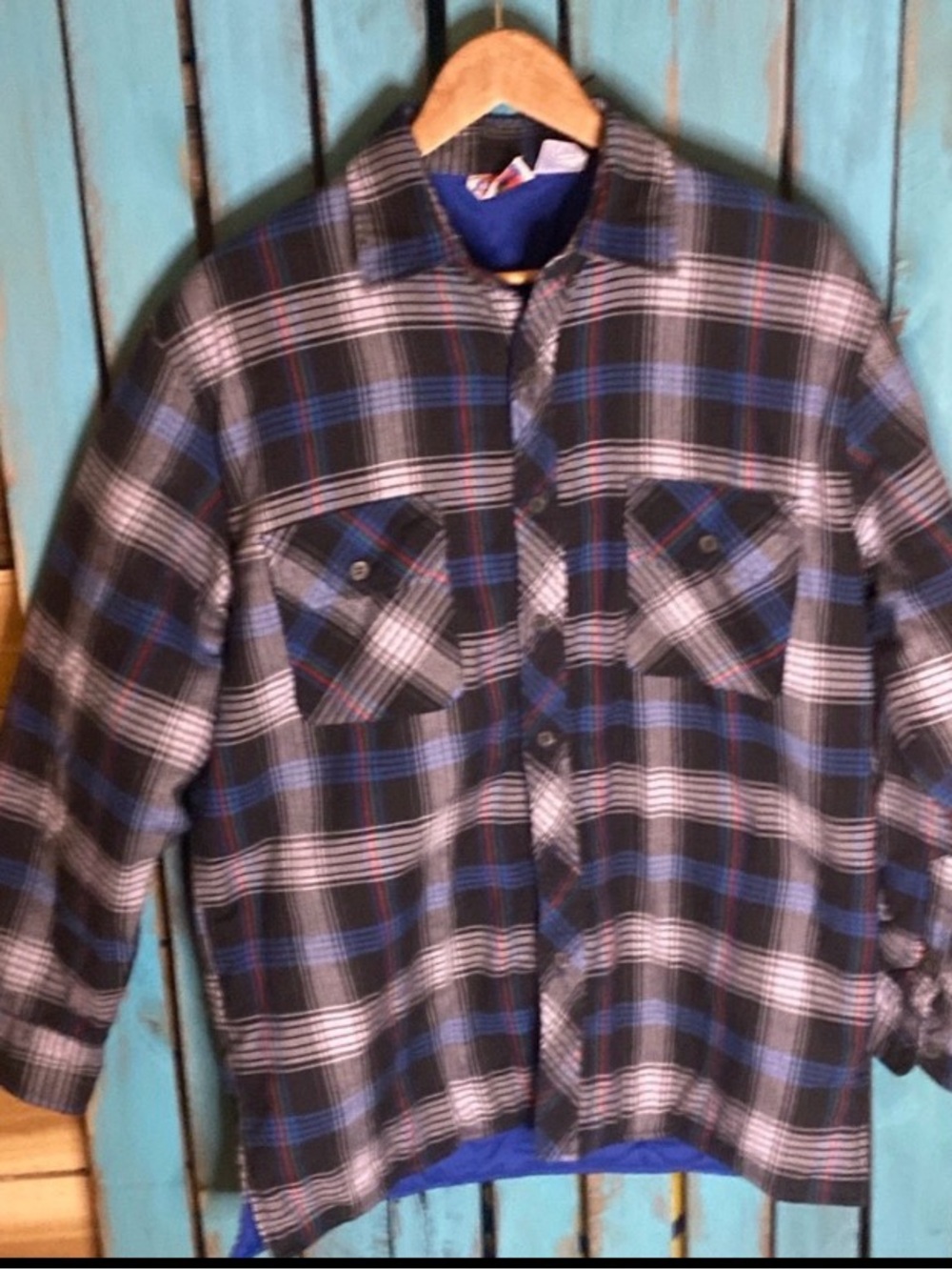 Dickies plaid flannel shirt jacket quilted lining size medium blue black white